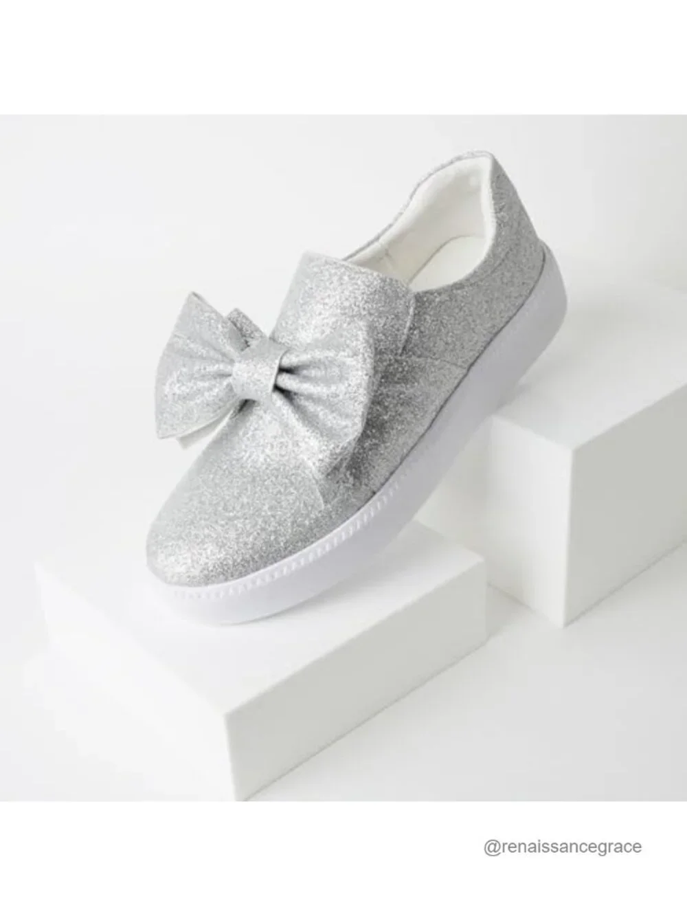 Women's Glitter Platform Sneakers with Bow Slip On Athletic Shoes